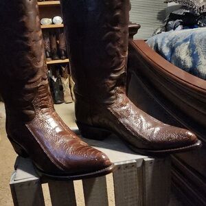 Men's Western Chocolate Brown Genuine Ostrich Leg Cowboy Boots.